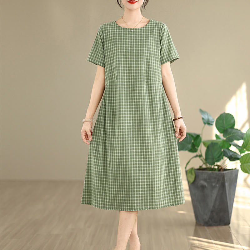 Buddha Stones Commute Plaid Pattern Simple Design Cotton Linen Short Sleeve Midi Dress With Pockets - image 16