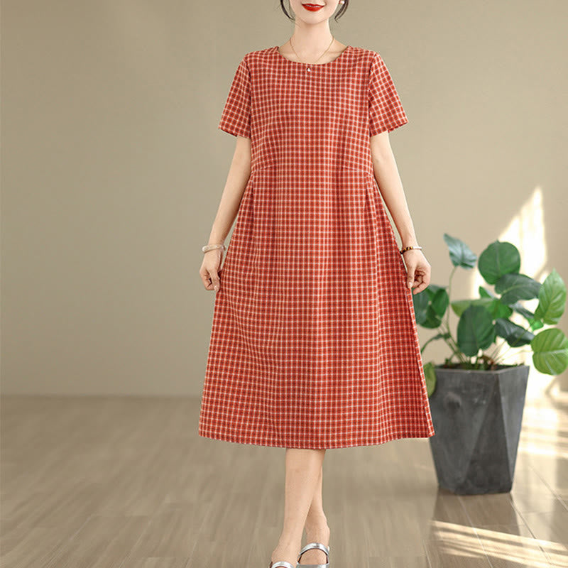Buddha Stones Commute Plaid Pattern Simple Design Cotton Linen Short Sleeve Midi Dress With Pockets - OrangeRed - US8-10，UK/AU12-14，EU40-42 (2XL) - image 0