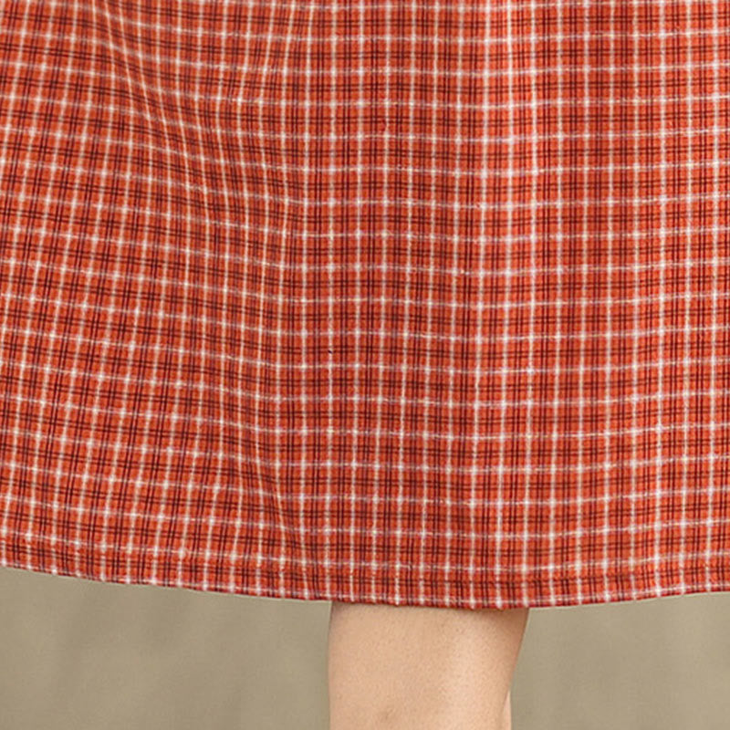 Buddha Stones Commute Plaid Pattern Simple Design Cotton Linen Short Sleeve Midi Dress With Pockets - image 11