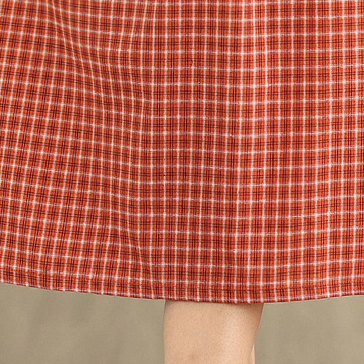 Buddha Stones Commute Plaid Pattern Simple Design Cotton Linen Short Sleeve Midi Dress With Pockets - image 11