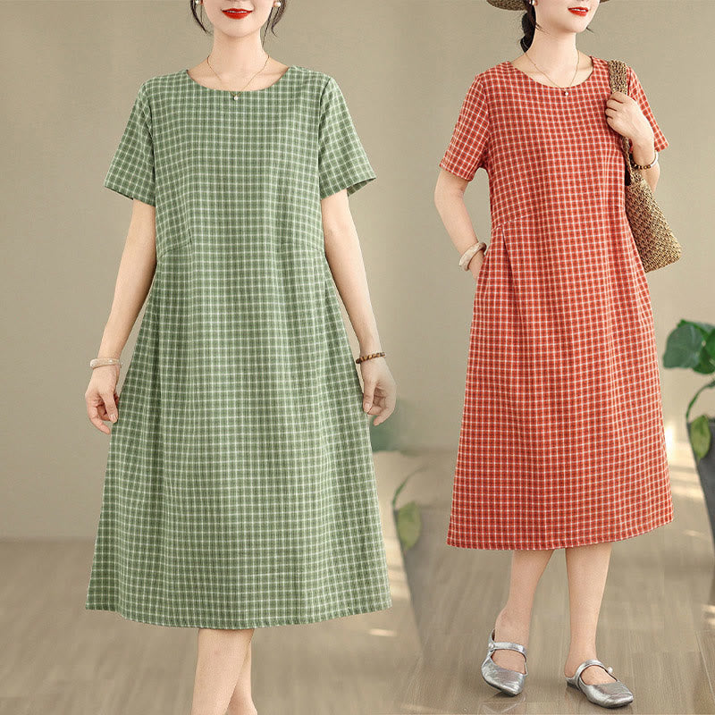 Buddha Stones Commute Plaid Pattern Simple Design Cotton Linen Short Sleeve Midi Dress With Pockets - image 18