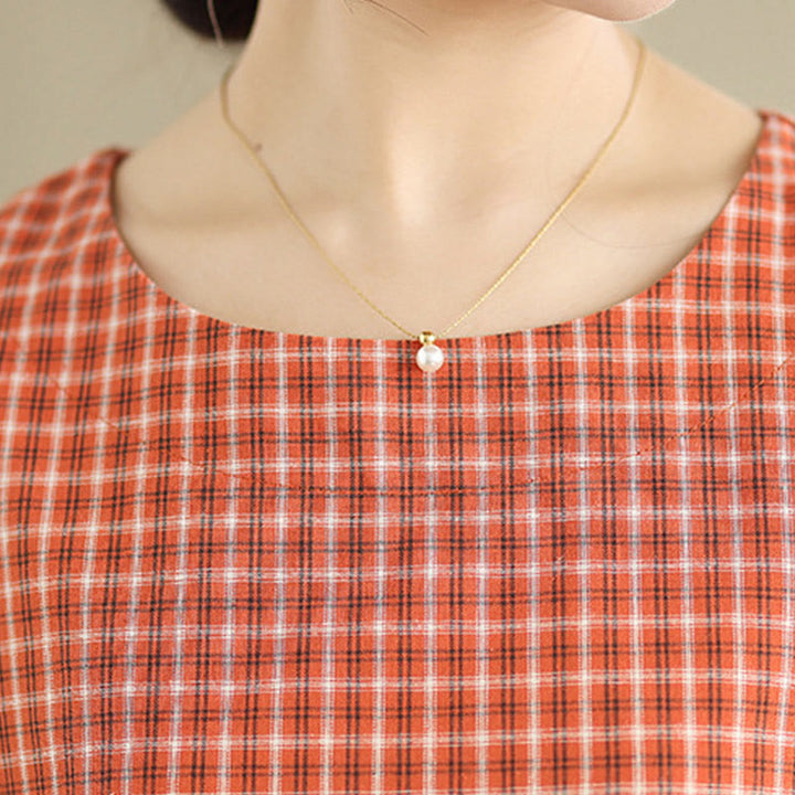 Buddha Stones Commute Plaid Pattern Simple Design Cotton Linen Short Sleeve Midi Dress With Pockets - image 7