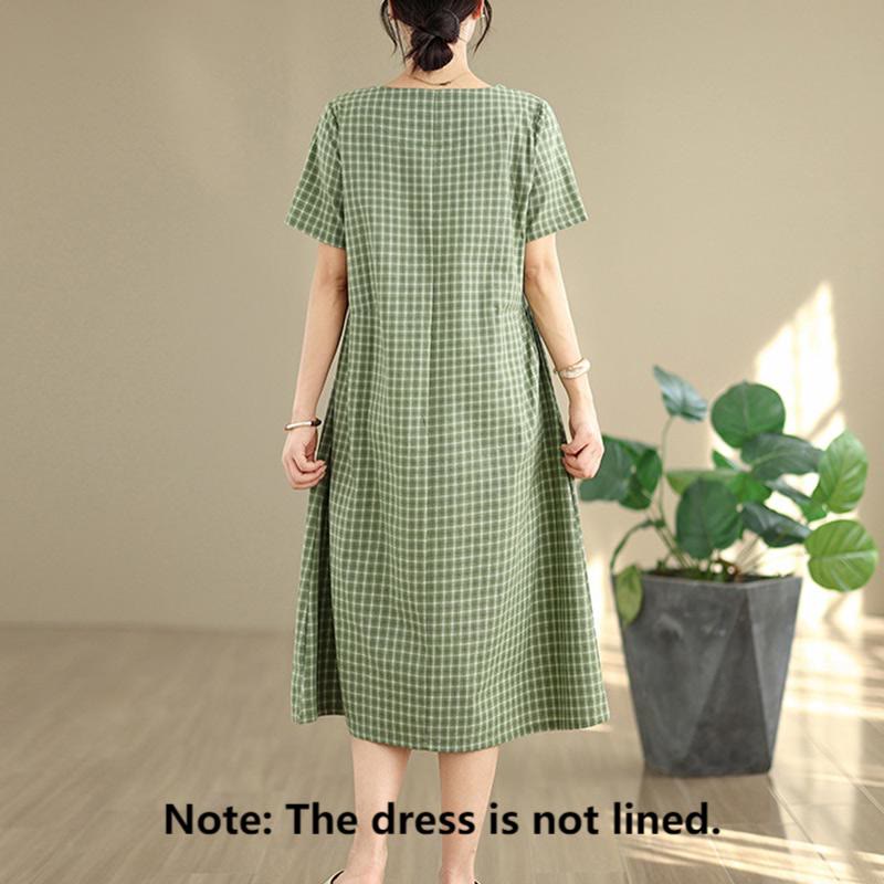 Buddha Stones Commute Plaid Pattern Simple Design Cotton Linen Short Sleeve Midi Dress With Pockets - image 13