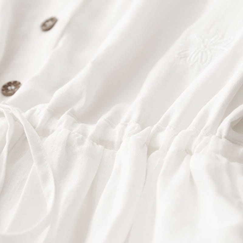 Buddha Stones Commute Embroidery Pleated Button Drawstring Design Cotton Linen Ruffled Short Sleeve Midi Dress - image 5