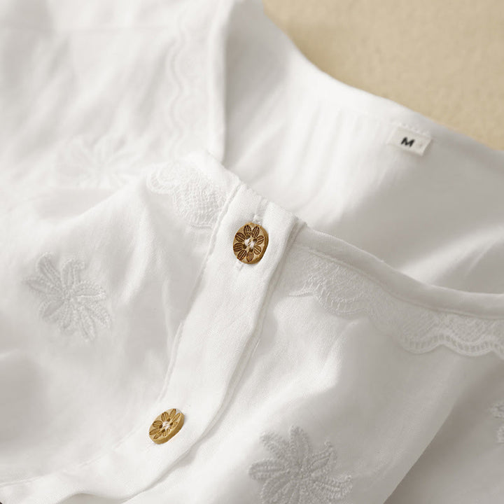 Buddha Stones Commute Embroidery Pleated Button Drawstring Design Cotton Linen Ruffled Short Sleeve Midi Dress - image 4