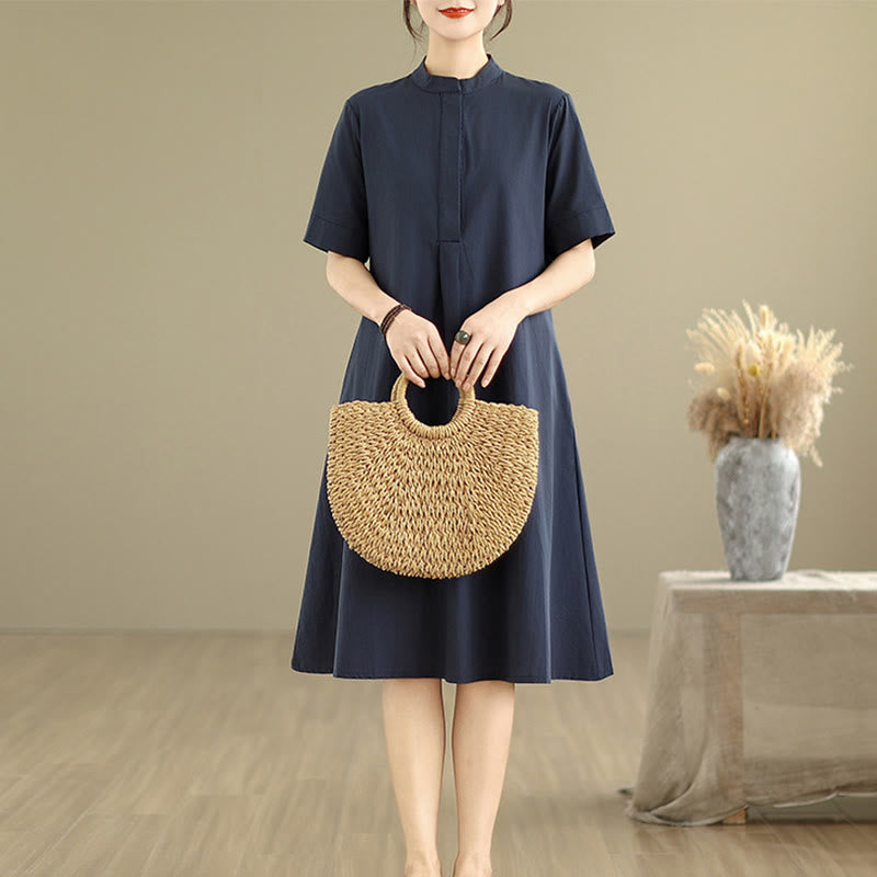 Buddha Stones Commute Plaid Pattern Simple Design Cotton Half Sleeve Midi Dress With Pockets - image 2