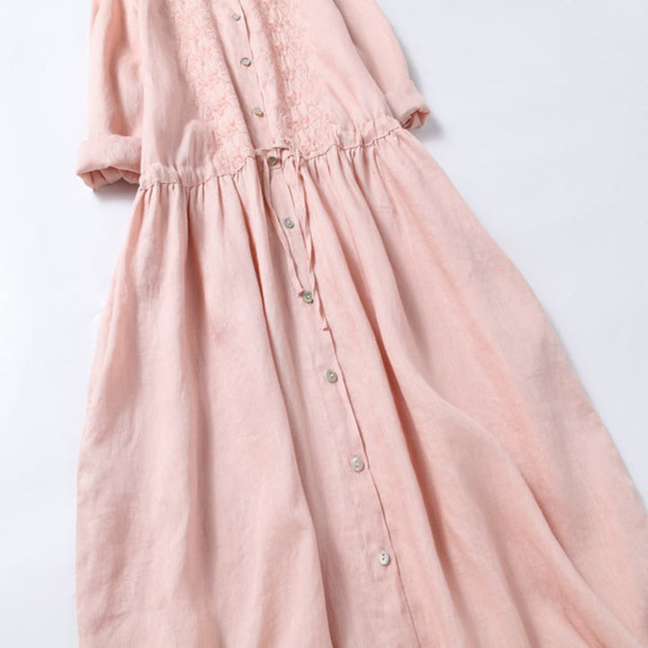 Buddha Stones Fall Vintage Embroidery Button Drawstring Design Cotton Linen Long Sleeve Midi Dress With Pockets - image 5