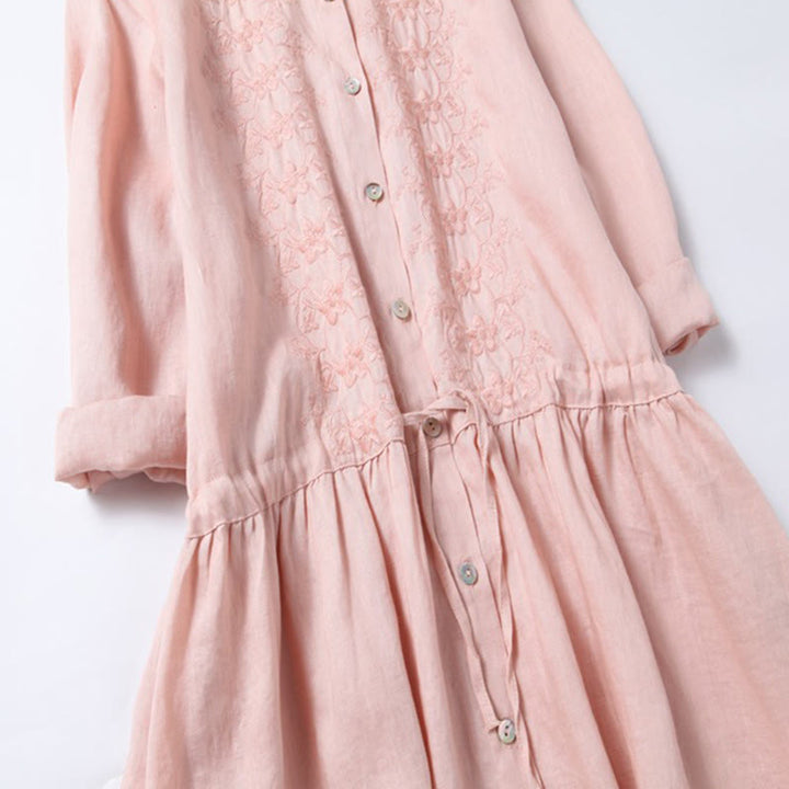 Buddha Stones Fall Vintage Embroidery Button Drawstring Design Cotton Linen Long Sleeve Midi Dress With Pockets - image 4