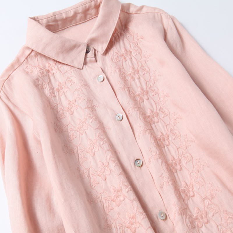 Buddha Stones Fall Vintage Embroidery Button Drawstring Design Cotton Linen Long Sleeve Midi Dress With Pockets - image 3