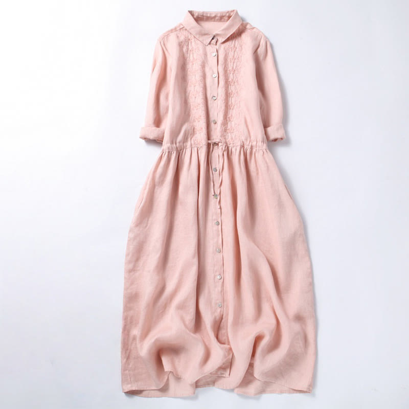 Buddha Stones Fall Vintage Embroidery Button Drawstring Design Cotton Linen Long Sleeve Midi Dress With Pockets - LightPink - US8-10，UK/AU12-14，EU40-42 (2XL) - image 0