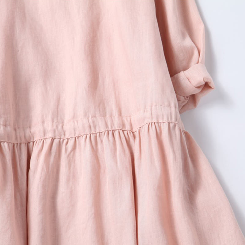 Buddha Stones Fall Vintage Embroidery Button Drawstring Design Cotton Linen Long Sleeve Midi Dress With Pockets - image 7