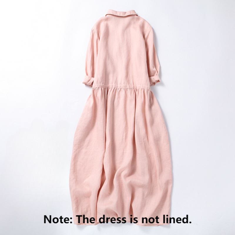 Buddha Stones Fall Vintage Embroidery Button Drawstring Design Cotton Linen Long Sleeve Midi Dress With Pockets - image 1