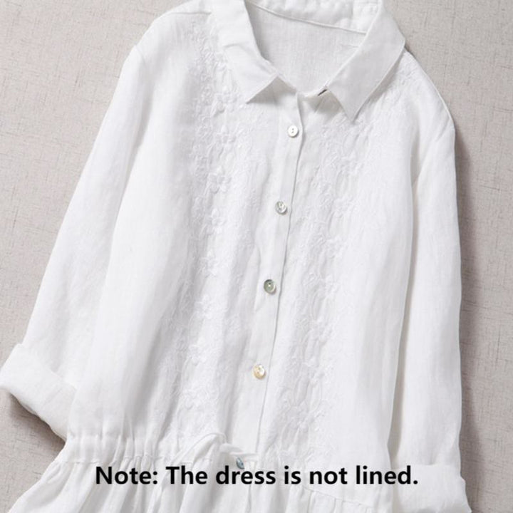Buddha Stones Fall Vintage Embroidery Button Drawstring Design Cotton Linen Long Sleeve Midi Dress With Pockets - image 14