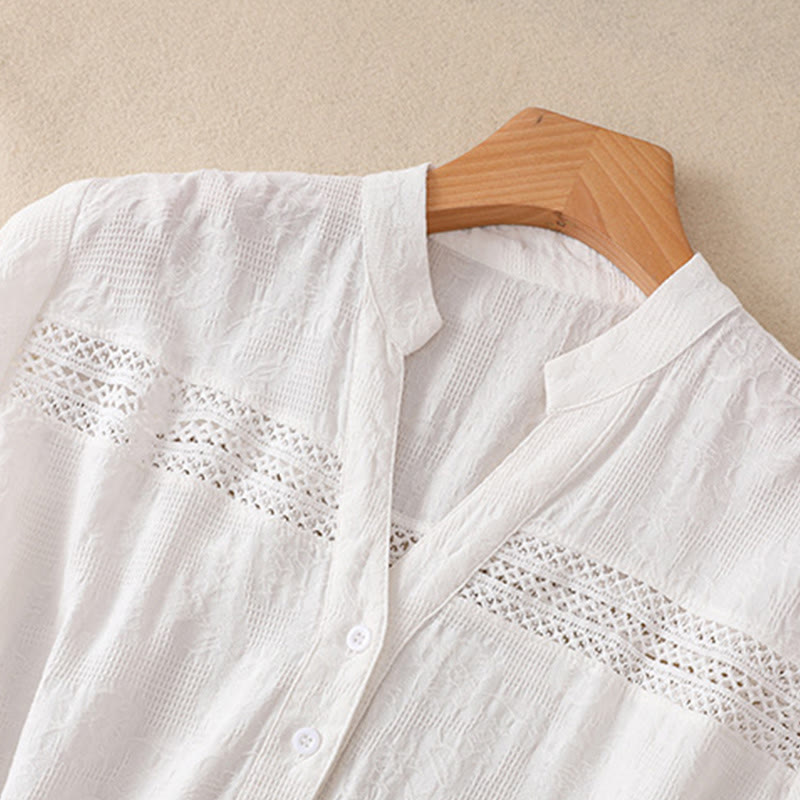 Buddha Stones Summer Plain Hollow Jacquard Design Cotton Short Sleeve Midi Dress With Pockets - image 2