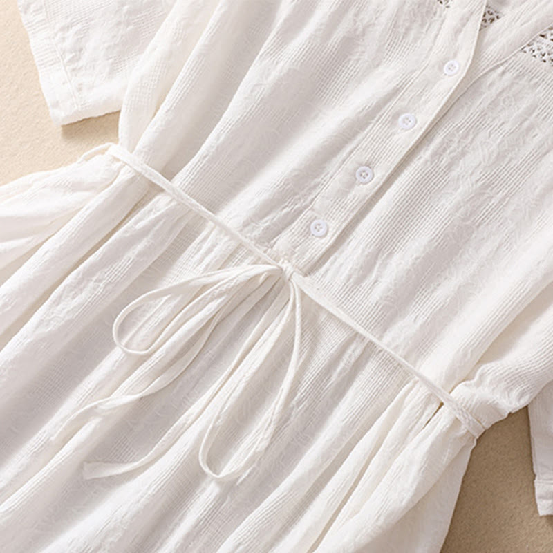 Buddha Stones Summer Plain Hollow Jacquard Design Cotton Short Sleeve Midi Dress With Pockets - image 5