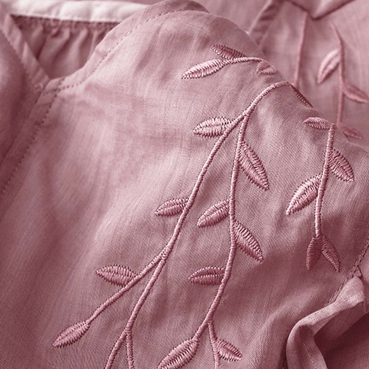 Buddha Stones Casual Plain Embroidery Willow Leaf Half Sleeve V-neck Women's Shirt - image 4