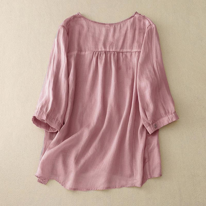 Buddha Stones Casual Plain Embroidery Willow Leaf Half Sleeve V-neck Women's Shirt - image 1