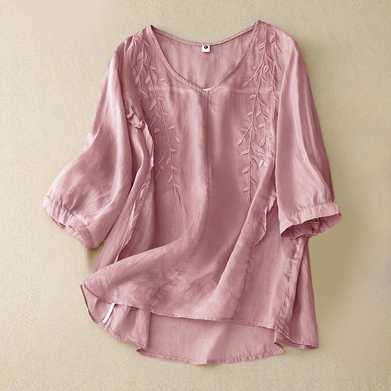 Buddha Stones Casual Plain Embroidery Willow Leaf Half Sleeve V-neck Women's Shirt - RosyBrown - US8-10，UK/AU12-14，EU40-42 (2XL) - image 0