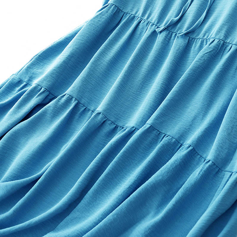 Buddha Stones Casual Plain Handmade Lace-up Midi Dress Cotton Linen Sleeveless Dress With Pockets - image 8