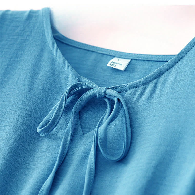 Buddha Stones Casual Plain Handmade Lace-up Midi Dress Cotton Linen Sleeveless Dress With Pockets - image 2