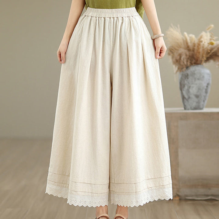 Buddha Stones Commute Simple Lace Design 7-8 Length Women's Wide Leg Cotton Pants With Pockets - image 3