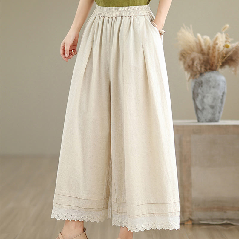 Buddha Stones Commute Simple Lace Design 7-8 Length Women's Wide Leg Cotton Pants With Pockets - image 5