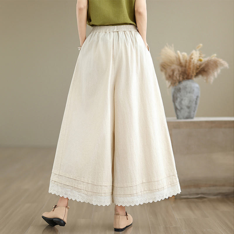 Buddha Stones Commute Simple Lace Design 7-8 Length Women's Wide Leg Cotton Pants With Pockets - image 1