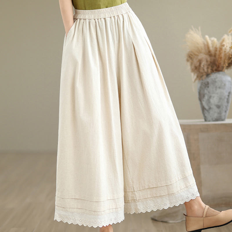 Buddha Stones Commute Simple Lace Design 7-8 Length Women's Wide Leg Cotton Linen Pants With Pockets - image 6