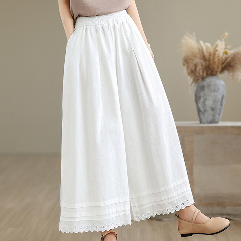 Buddha Stones Commute Simple Lace Design 7-8 Length Women's Wide Leg Cotton Pants With Pockets - image 17