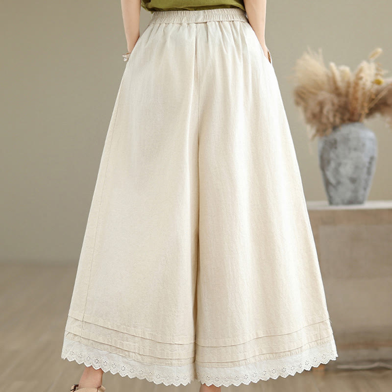 Buddha Stones Commute Simple Lace Design 7-8 Length Women's Wide Leg Cotton Pants With Pockets - image 4