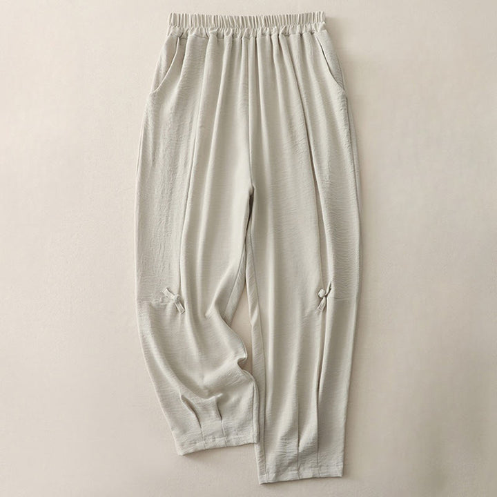 Buddha Stones Commute Casual Plain Frog-Button Design Women's Harem Cotton Linen 7-8 Length Pants With Pockets - Linen - US8-10，UK/AU12-14，EU40-42 (2XL) - image 0