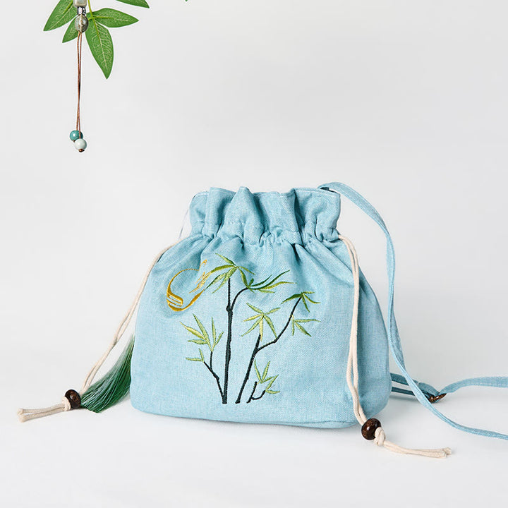 Buddha Stones Embroidered Green Bamboo Cotton Linen Crossbody Bag Shoulder Bag
