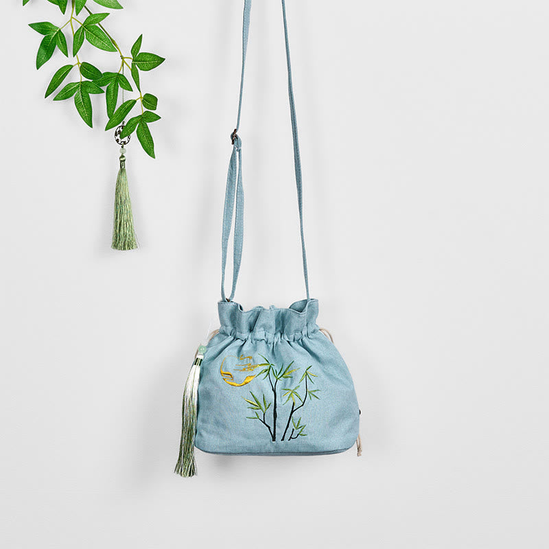Buddha Stones Embroidered Green Bamboo Cotton Linen Crossbody Bag Shoulder Bag