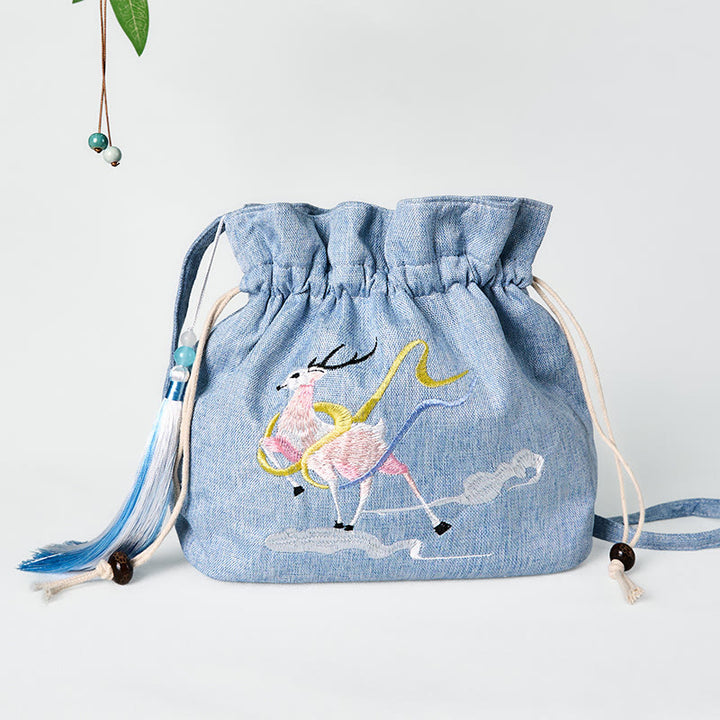 Buddha Stones Embroidered Light Blue Fairy Deer Auspicious Clouds Cotton Linen Crossbody Bag Shoulder Bag