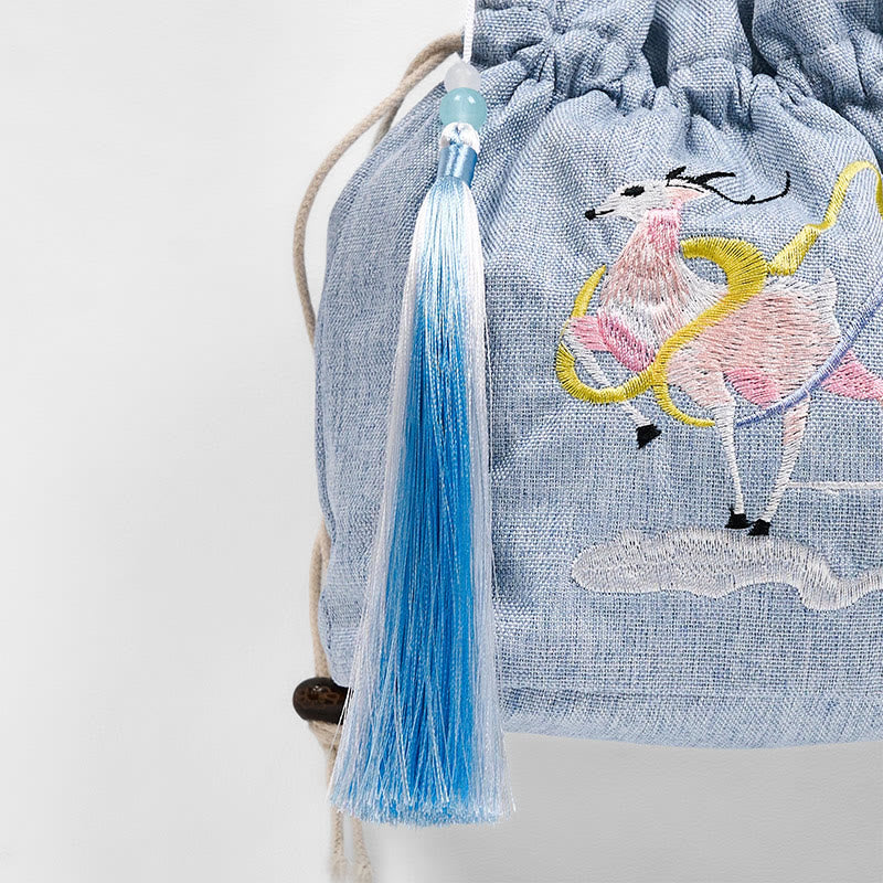 Buddha Stones Embroidered Light Blue Fairy Deer Auspicious Clouds Cotton Linen Crossbody Bag Shoulder Bag