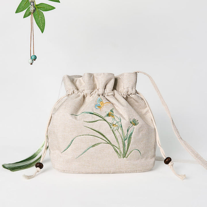 Buddha Stones Embroidered Beige Orchid Grass Cotton Linen Crossbody Bag Shoulder Bag