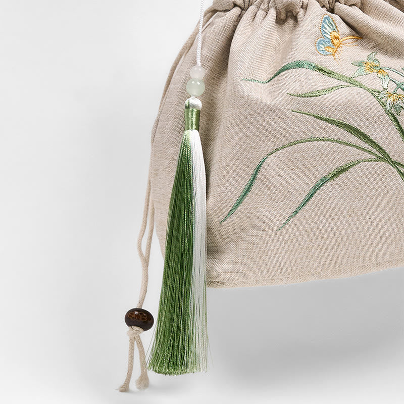 Buddha Stones Embroidered Beige Orchid Grass Cotton Linen Crossbody Bag Shoulder Bag