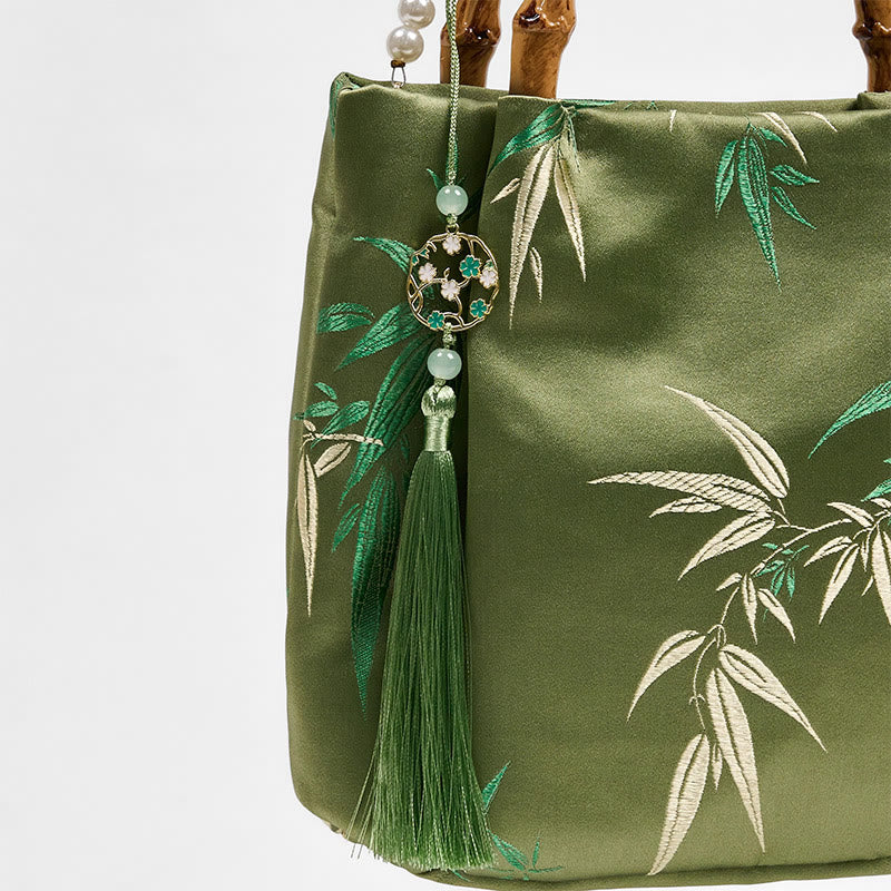 Buddha Stones Embroidery Leaves Bamboo Handle Pearl Crossbody Bag Hangbags