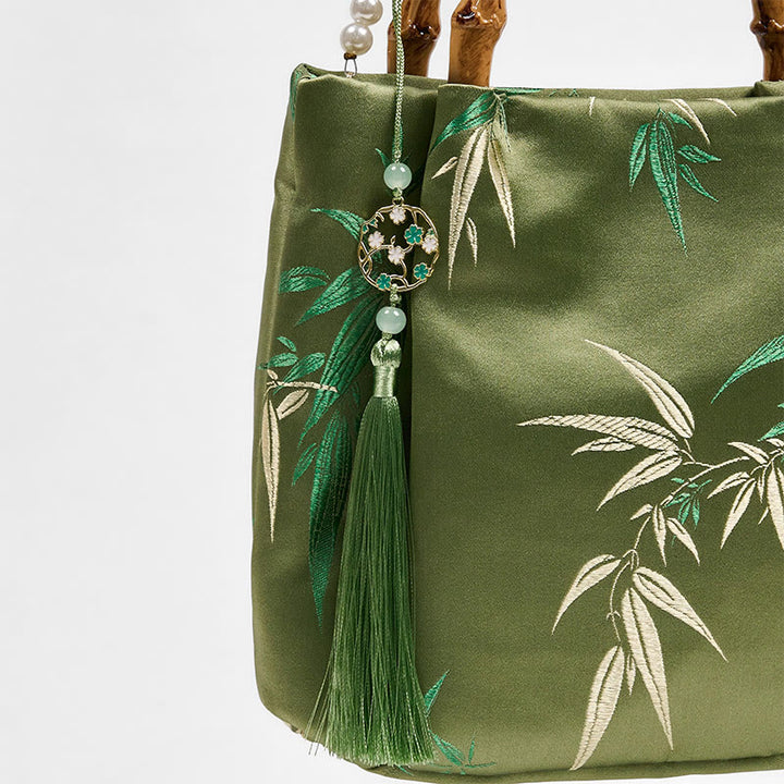Buddha Stones Embroidery Leaves Bamboo Handle Pearl Crossbody Bag Hangbags