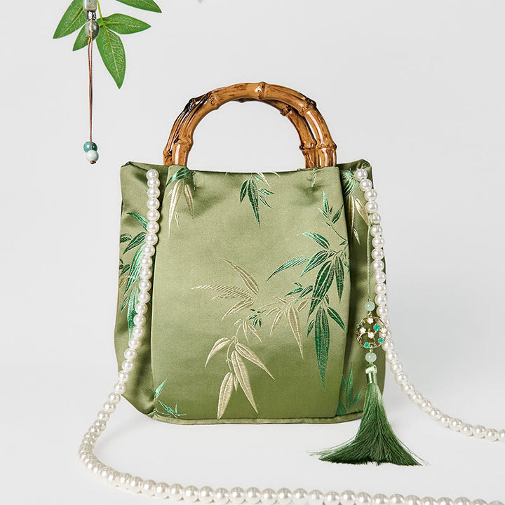 Buddha Stones Embroidery Leaves Bamboo Handle Pearl Crossbody Bag Hangbags