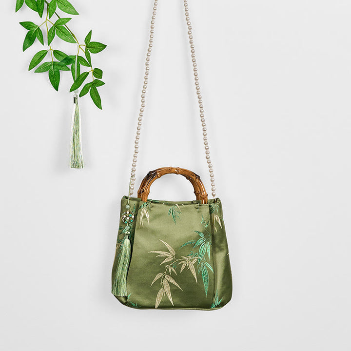 Buddha Stones Embroidery Leaves Bamboo Handle Pearl Crossbody Bag Hangbags