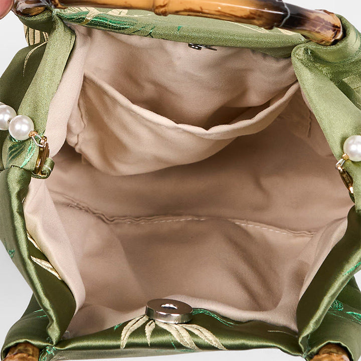 Buddha Stones Embroidery Leaves Bamboo Handle Pearl Crossbody Bag Hangbags