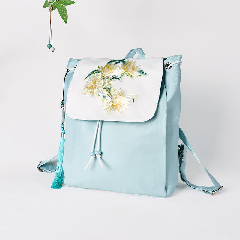 Buddha Stones Handmade Blue Epiphyllum Embroidered Large Capacity Canvas Backpack