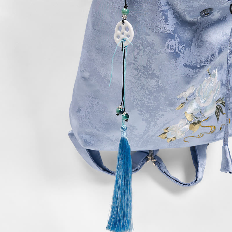 Buddha Stones Handmade Blue Camellia Embroidered Large Capacity Polyester Cotton Backpack