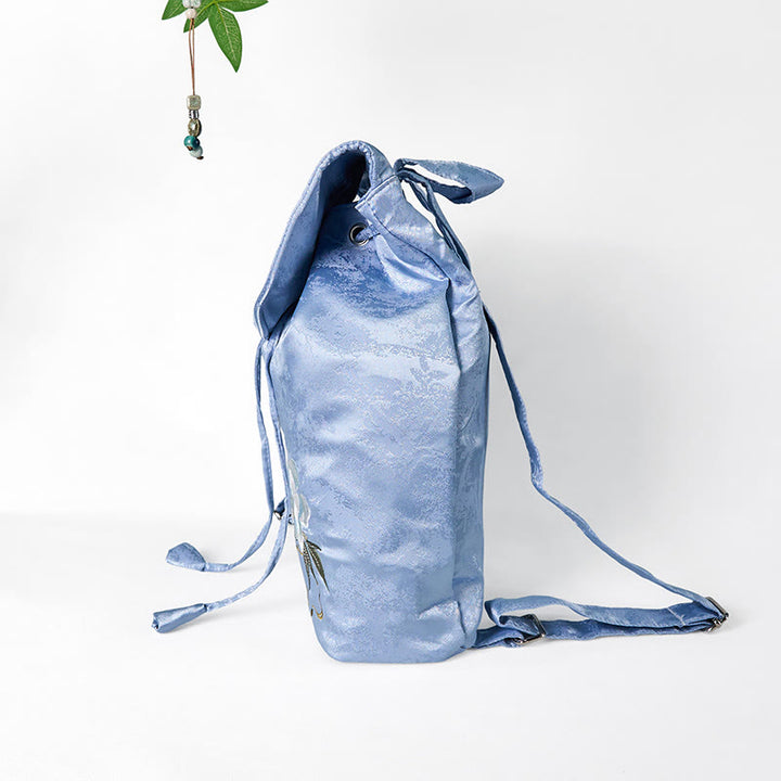 Buddha Stones Handmade Blue Camellia Embroidered Large Capacity Polyester Cotton Backpack