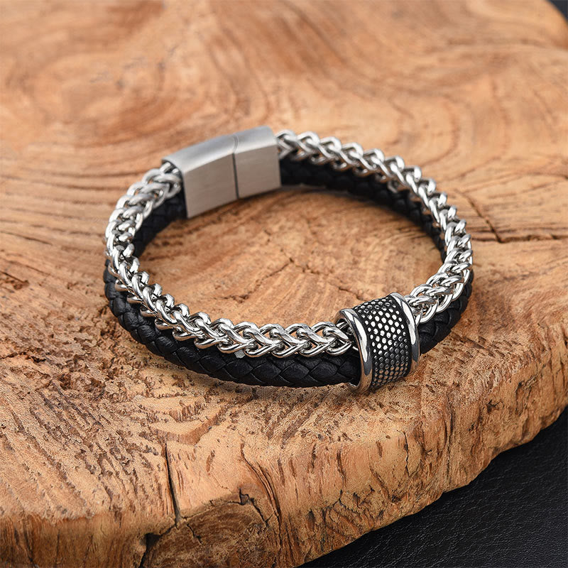 Buddha Stones Leather Double Layer Titanium Steel Balance Magnetic Buckle Bracelet - Titanium Steel - image 0