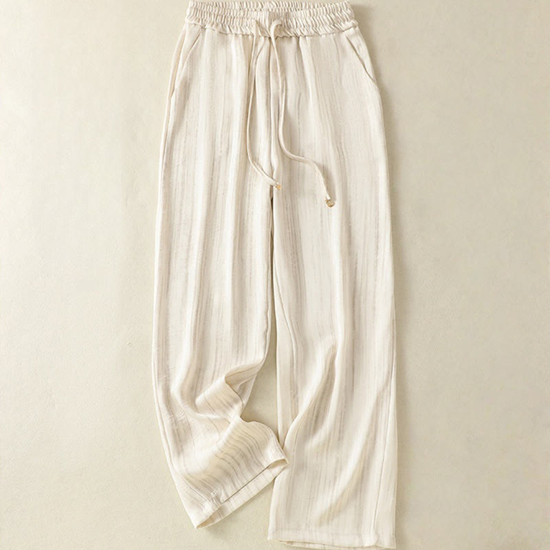 Buddha Stones Artistic Casual Vertical Lines Pattern Drawstring Ankle-length Women's Pants With Pockets - Beige - US8-10，UK/AU12-14，EU40-42 (2XL) - image 0