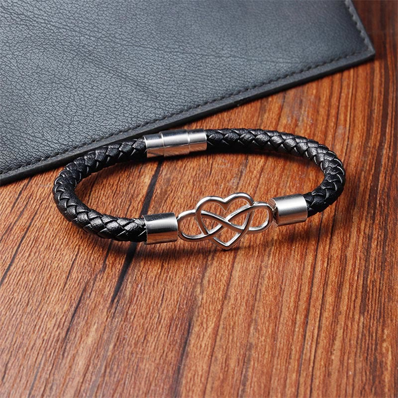 Buddha Stones Endless Knot Heart Leather Titanium Steel Strength Buckle Bracelet - image 3