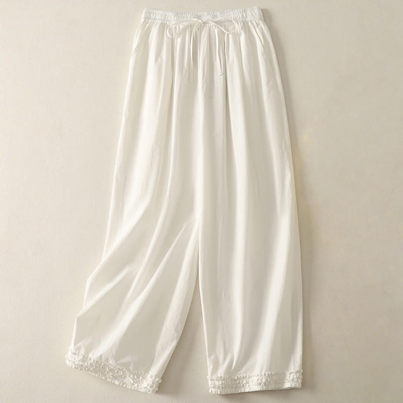 Buddha Stones Casual Ruffle Hem Patchwork Design Drawstring Ankle-length Women's Cotton Pants With Pockets - White - US12，UK/AU16，EU44 (2XL) - image 5
