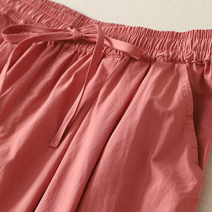 Buddha Stones Casual Ruffle Hem Patchwork Design Drawstring Ankle-length Women's Cotton Pants With Pockets - image 2